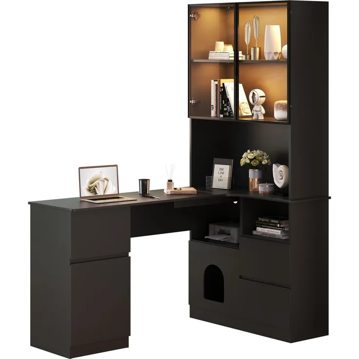 Flieks Eckschreibtisch mit LED-Vitrine & Regal 120×80×180 cm, Computertisch mit 3 Schubladen, 2 Türen, Haustierfach, Rechte Ecke, Schwarz
