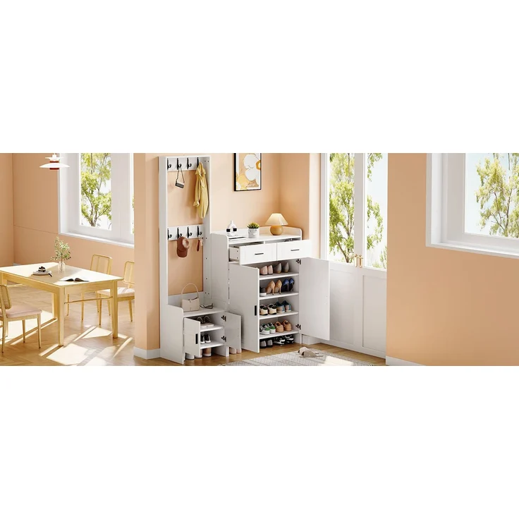 Faumrta Garderoben- und Schuhschrank-Set für den Eingangsbereich mit 2 Schubladen, 2 Schranktüren, 6 Ablagen und 8 Haken. Ideal für Flur und Eingangsbereich. Farbe: Weiß,125*36*165CM125CM*32CM*165CMWeißMDF (Medium-Density-Faserplatte) – Bild 9
