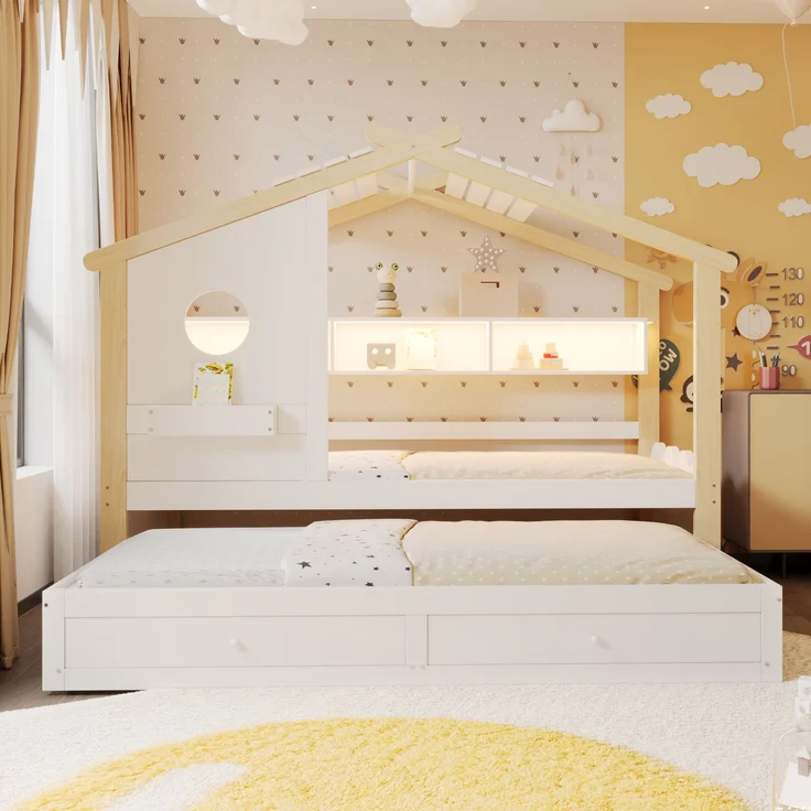 Merax Kinderbett, Jugendbett, 90x200cm, mit Ausziehbett 90x190cm, mit 2 Schubladen, mit USB- und Typ-C-Ladeanschlüssen und LED, mit Einlegeböden, Weiß + Natur – Bild 3