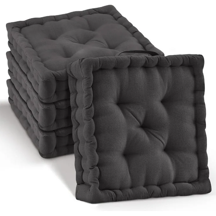 Beautissu Stuhlkissen Mila Bodenkissen, 40x40cm, Anthrazit, 4er Set, Sitzkissen, 100% Baumwolle, Indoor & Outdoor, exzellenter Komfort und Stil