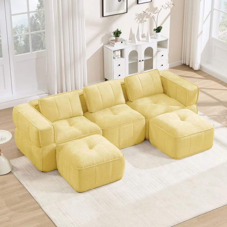EINHOM 3-Sitzer U-förmiges Modulsofa mit 2 Hockern, ohne Gestell, 32D-Hochdichteschaum, tiefe Sitzfläche, hautfreundlicher, weicher Stoff, ideal für Wohnzimmer, keine Montage erforderlich, Gelb – Bild 3