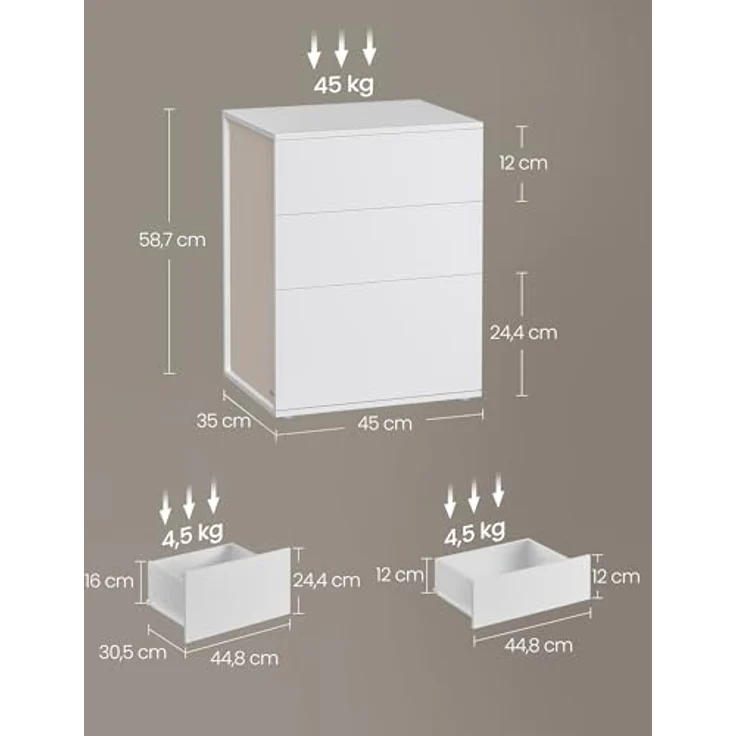VASAGLE Nachttisch, 2er Set, Beistelltisch 3 Schubladen, Superschnelle werkzeuglose Montage, Nachtschrank, Schlafzimmer, Wohnzimmer, Toolless-Technologie, mattweiß-cappuccinobeige LET779W01 – Bild 3
