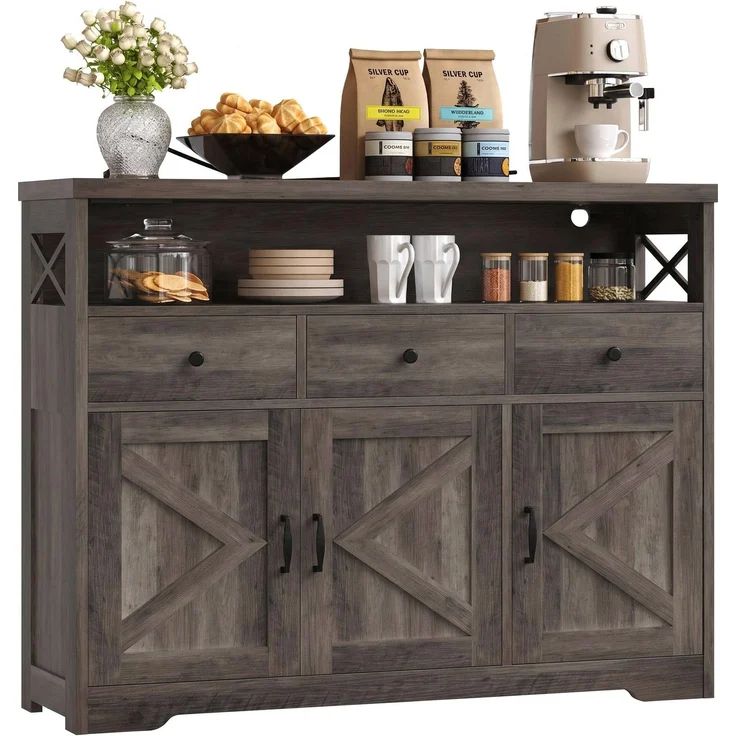 IRONCK Küchenschrank Sideboard mit Steckdose 2AC+1USB+1C, Aufbewahrungsschrank 3 Schubladen 3 Türen, Küchenbuffet Kaffeebar Schrank für Wohnzimmer Esszimmer, verstellbare Ablage 107x35x95cm (Okan)