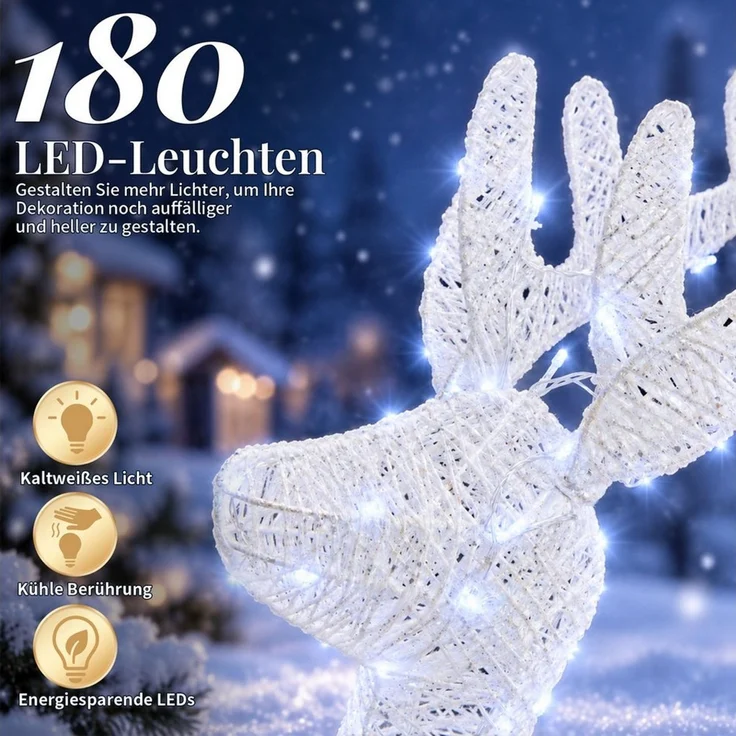 LALAHO Weihnachtsfigur LED Rentier mit Schlitten Weihnachtsbeleuchtung, mit 180 LEDs, Rentier Weihnachten Deko für Außen und Innen – Bild 4