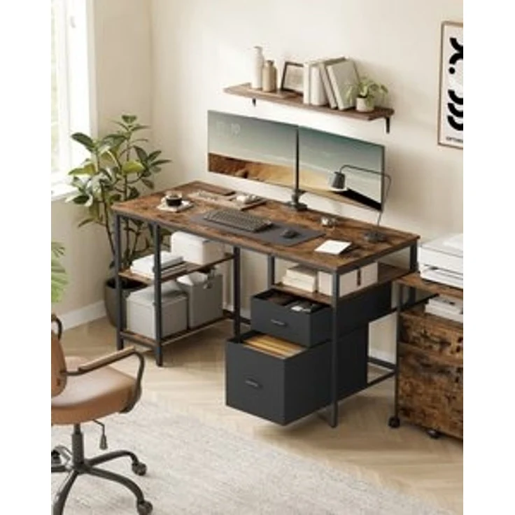 VASAGLE Computertisch, Bürotisch, Schreibtisch, mit 3 Ablagen, 2 Schubladen, 60 x 140 x 76 cm, fürs Büro, Wohnzimmer, Industrie-Stil, vintagebraun-schwarz – Bild 6