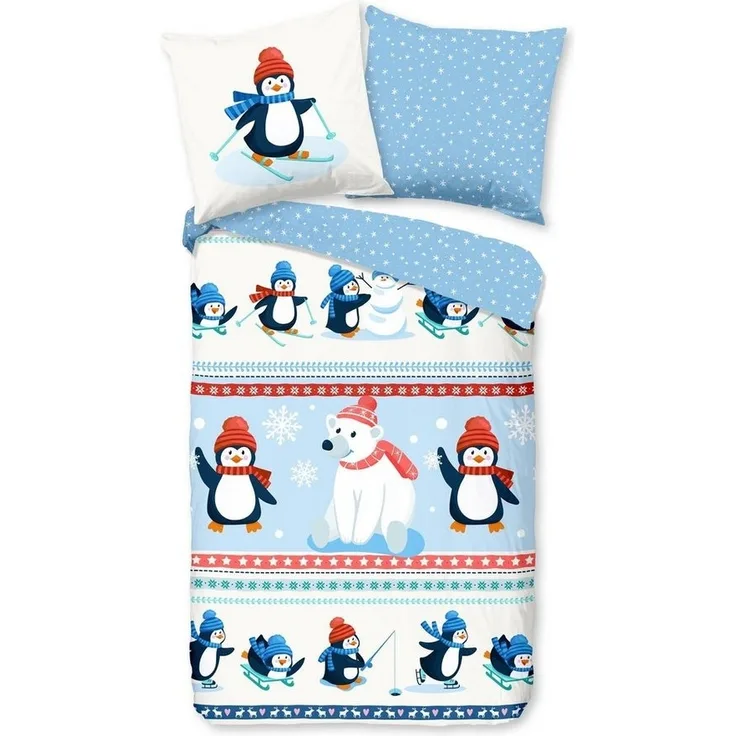 Traumschloss Bettwäsche Comfort Baumwolle, Flanell, 2 teilig, Pinguine und Eisbär im Winterland, Schneeflocken