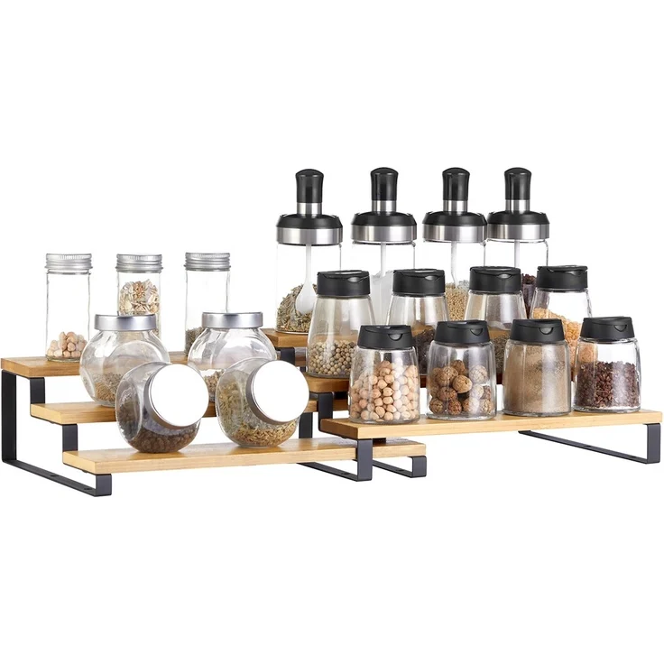 SONGMICS Gewürzregale, Küchenregale stehend, Küchen-Organizer, 2er Set, Holzwerkstoff, je 3 Ablagen, ausziehbar, stapelbar, für Speisekammer, Arbeitsplatte, naturbeige-tintenschwarz KCS016N01 – Bild 3