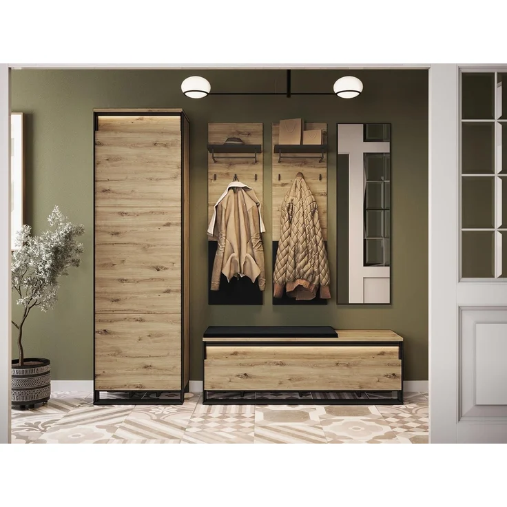 Garderoben-Set Quant VIII Kleiderschrank, Schuhschrank, Spiegel, Kleiderhakenbrett (Farbe: Artisan Eiche / Schwarz + Velo 637) – Bild 2