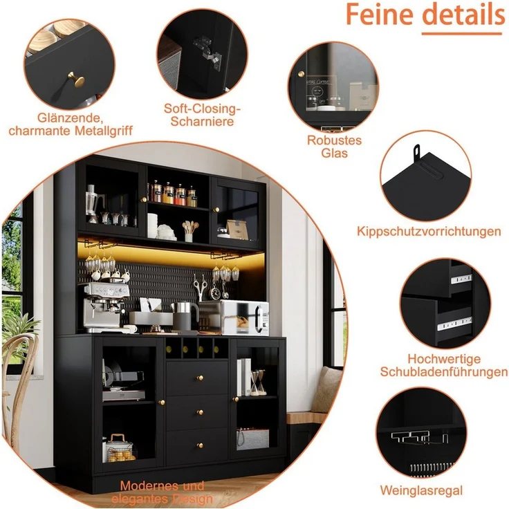 Odikalo Küchenbuffet Küchenschrank Buffetschrank mit LED Beleuchtung & Weinregal (mit Smart LED Beleuchtung, Hochschränke fürs Wohnzimmer,Seitenschrank mit Weinregal und Kippsicherung, Verstellbare Einbauregale) – Bild 3