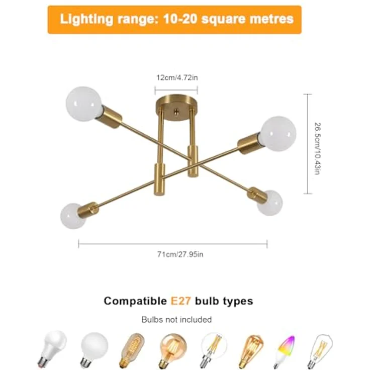 Goeco Vintage Deckenleuchte Kronleuchter E27 Fassung Max. 60W Industrielle 4 Fimmig Gold Deckenlampe Durchmesser 71 cm, Deckenlampen für Wohnzimmer Schlafzimmer Esszimmer, Glühbirnen Nicht Inbegriffen – Bild 4
