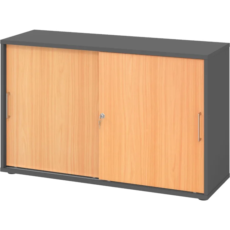 bümö Schiebetürenschrank 2OH - Aktenschrank abschließbar, Sideboard Schrank mit Schiebetüren in Graphit/Buche, Bügelgriff - Büroschrank aus Holz mit Schiebetür, Büro Kommode für Ordner & Co, 1752S-G-6-BS