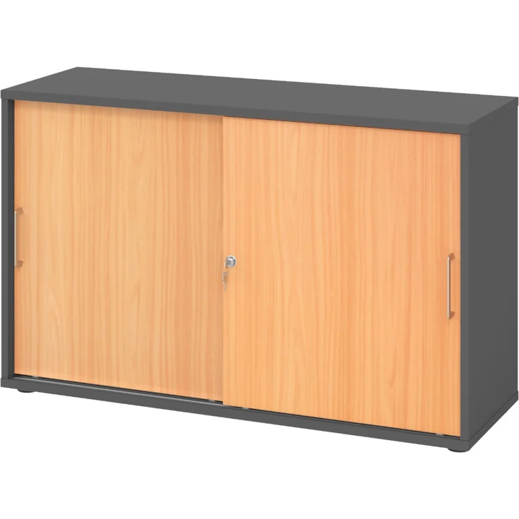 bümö Schiebetürenschrank 2OH - Aktenschrank abschließbar, Sideboard Schrank mit Schiebetüren in Graphit/Buche, Bügelgriff - Büroschrank aus Holz mit Schiebetür, Büro Kommode für Ordner & Co, 1752S-G-6-BS – Bild 1