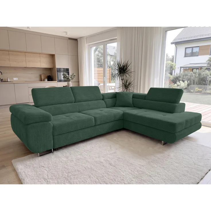 AX LIVING Konak Cord-Schlafsofa R Flaschengrün 276 cm, Bettkasten, Kopfstützen
