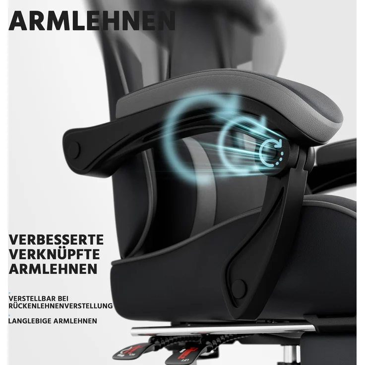 Gamingstuhl mit ergonomischer Form, verstellbarer Rückenlehne & Fußstütze, 58,5x63x120,5 cm, Schwarz/Grau – Bild 6