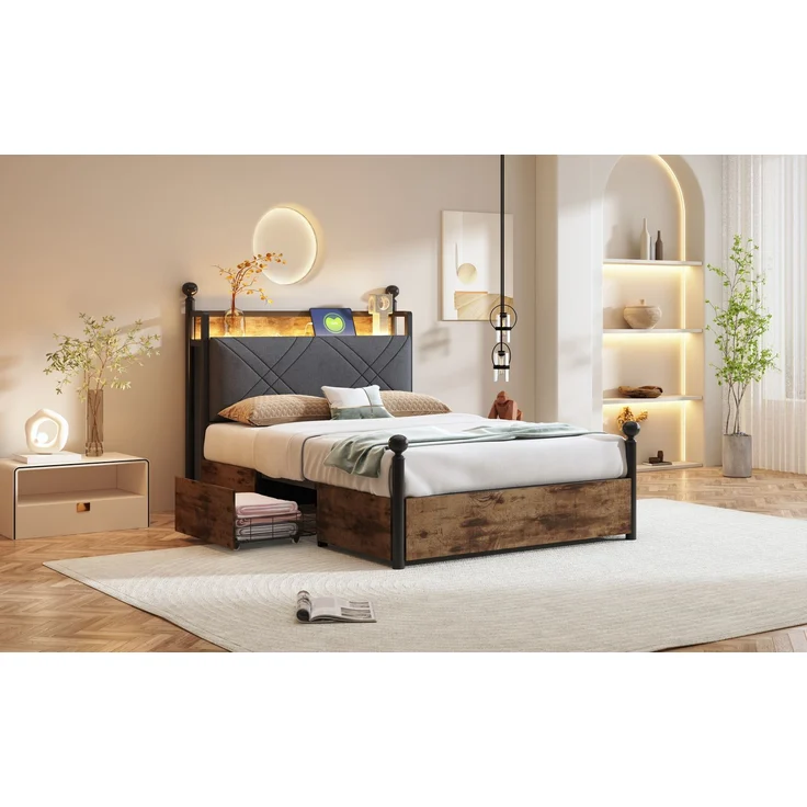 Himmelbett mit LED, USB-Anschluss & gepolstertem Kopfteil, 90x190 cm, Schwarz, ohne Matratze – Bild 9