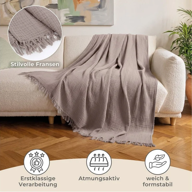 Laynenburg Tagesdecke Musselin mit Fransen aus 100% Baumwolle – Baumwolldecke, Wohndecke als Sommerdecke, Bett-Überwurf, Sofa-Decke, Kuscheldecke – Bild 3