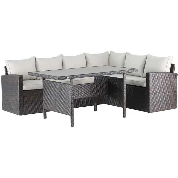 Mandalika Garden Polyrattan Dining-Ecklounge "Melos" inkl. Ecksofa, Tisch und Kissen, braun / creme