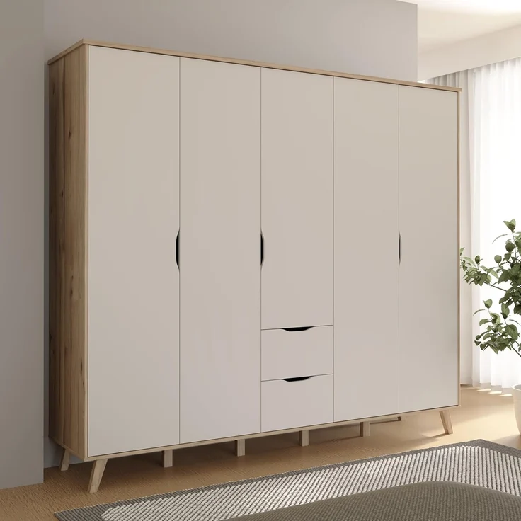 Forte VANKKA Kleiderschrank 230, Skandi Schrank mit 5 Drehtüren und 2 Schubladen, Filigrane Möbelbeine, Holzwerkstoff, Planked Eiche Holzdekor | Weiß, 228,8 cm breit x 201,5 cm hoch x 52,7 cm tief – Bild 4