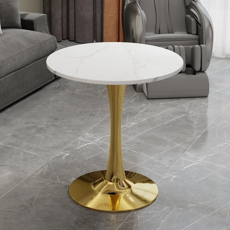 Novelux Couchtisch Gold Marmor Optik Rund 70 cm – Mid-Century Modern Esstisch für 2-4 Personen, Weißes Marmordekor