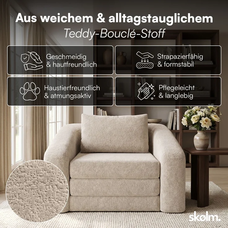 skølm 'Fjäll' Schlafsessel mit 1 Kissen, beige, Teddy-Bouclé Sessel ausklappbar, mit Liegefunktion, vakuumverpackt ohne Aufbau – Bild 4