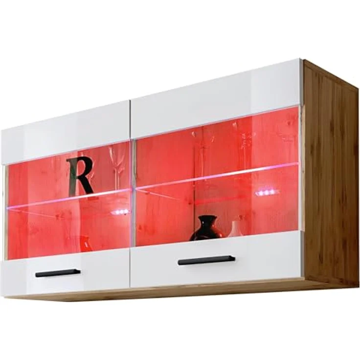 Komodee Hängevitrine Savona, Eiche Wotan und Weiß, 2 Fächer, Rechteckig, 100x50x27.2 cm, für Wohnzimmer und Wohnwände – Bild 3