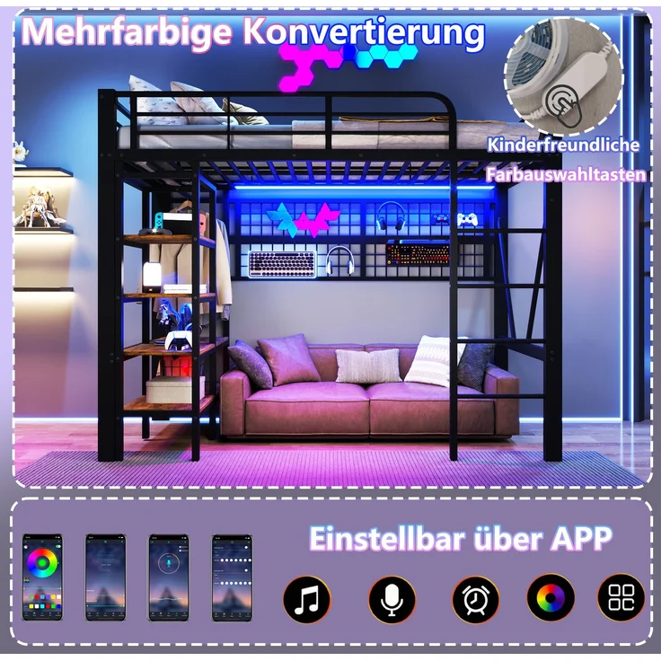 EINHOM Hochbett, 90 x 200 cm, Eisenrahmen, Ablagefach, Netz zum Aufhängen von Gegenständen, mit Kleiderstange, Offener Raum unter dem Bett, mit LED-Lichtleiste, Schwarz (Ohne Matratze) – Bild 5