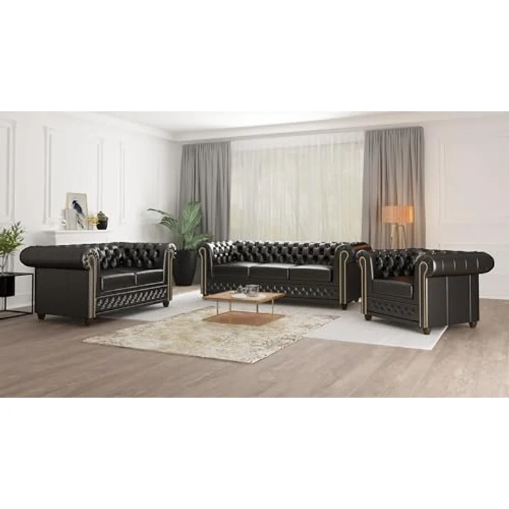 S-Style Möbel Chesterfield-Sofa Jeff 3-Sitzer aus veganem Leder mit Holzfüßen, mit Wellenfederung – Bild 7