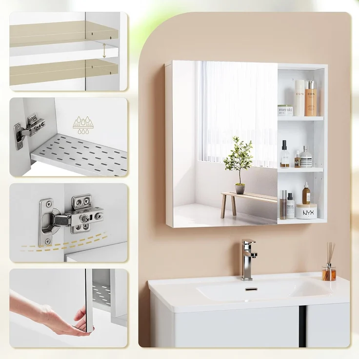 Mondeer Badezimmerschrank mit Spiegel, Spiegelschrank Bad der Wand montiert mit 1 Tür und 1 Tropfschale verstellbaren Ablagen moderner Stil, 65 x 15 x 65 cm, Weiß – Bild 4