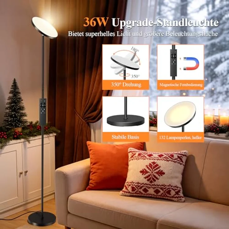 YICAIZI Stehlampe Dimmbar LED 36W, Modern Deckenfluter mit 2700K-6500K Stufenlos Dimmbar Stehleuchte mit Fernbedienung & Touch-Steuerung für Wohnzimmer Schlafzimmer Büro – Bild 4