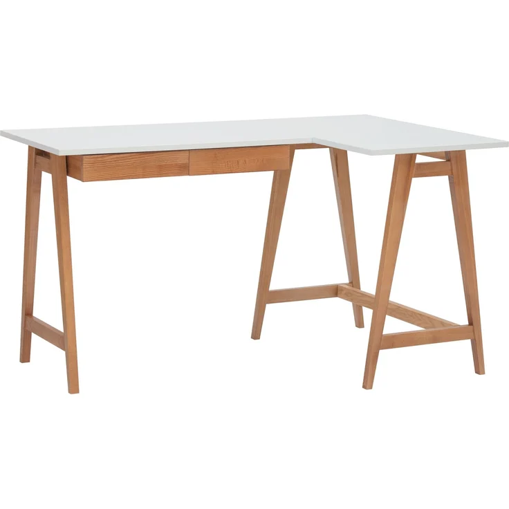 Ragaba Eckschreibtisch mit 2 Schubladen und Fußstütze, MDF & Massives Eschenholz Eichenbeize, 135x85 cm, Weiß, Rechts – Bild 1