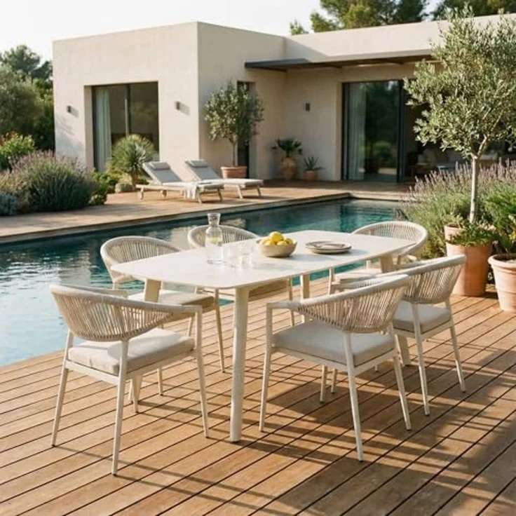 IDIMEX Garten-Essgruppe SELI, Sitzgruppe Wetterfest mit Steinplatte und Rope-Rückenlehne cremeweiß – Bild 1