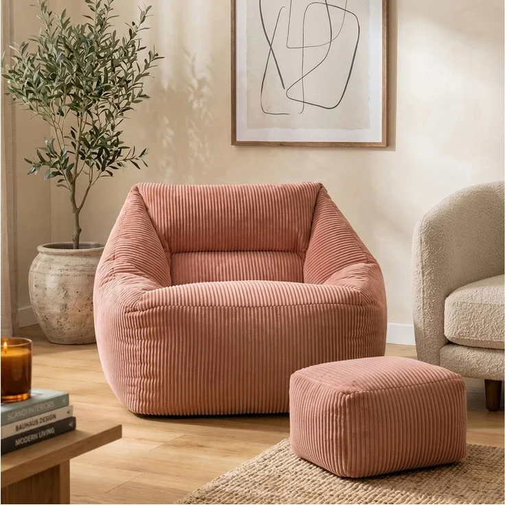 Icon Natalia Sitzsack Sessel mit Hocker für Erwachsene, Rosa, Flauschiger Cord Stoff, Riesen Sitzsack Samt mit Füllung, Bean Bag Chair, Bequemer Sessel Wohnzimmer, Lounge, Schlafzimmer, Büro – Bild 2