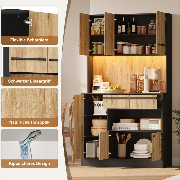 Küchenschrank 100 x 40 x 180 cm mit RGB-LED und verstellbaren Einlegeböden – Natur und Schwarz – Bild 8