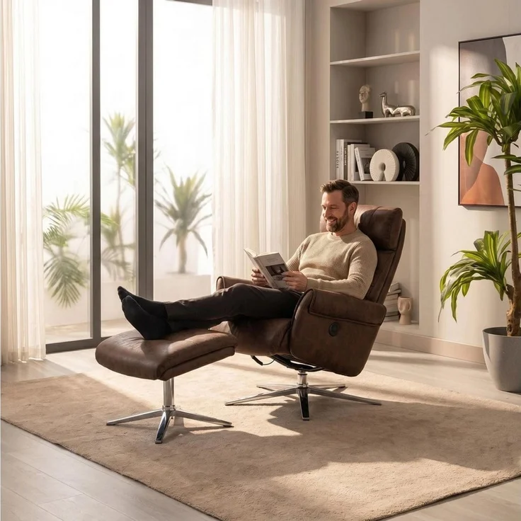 Happy Home Relaxsessel Elektrischer Relaxsessel mit Hocker – USB, 360° drehbar, Kunstleder – Bild 3