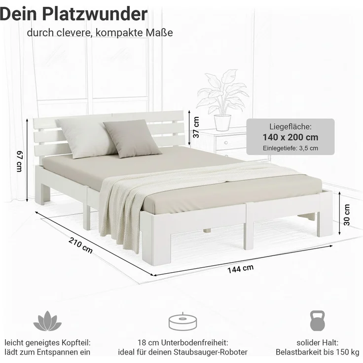 Holzbett mit Federkernmatratze 140x200 Weiß Jugendbett Doppelbett Bett Holzbettrahmen Massiv Holz Lattenrost – Bild 3