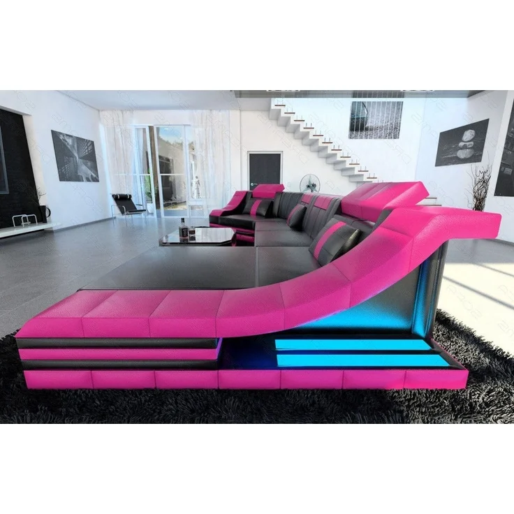 Sofa Dreams - Mini Luxus Wohnlandschaft Turino C-Form mit LED - Echtleder - Schwarz-Pink - Rechts – Bild 2