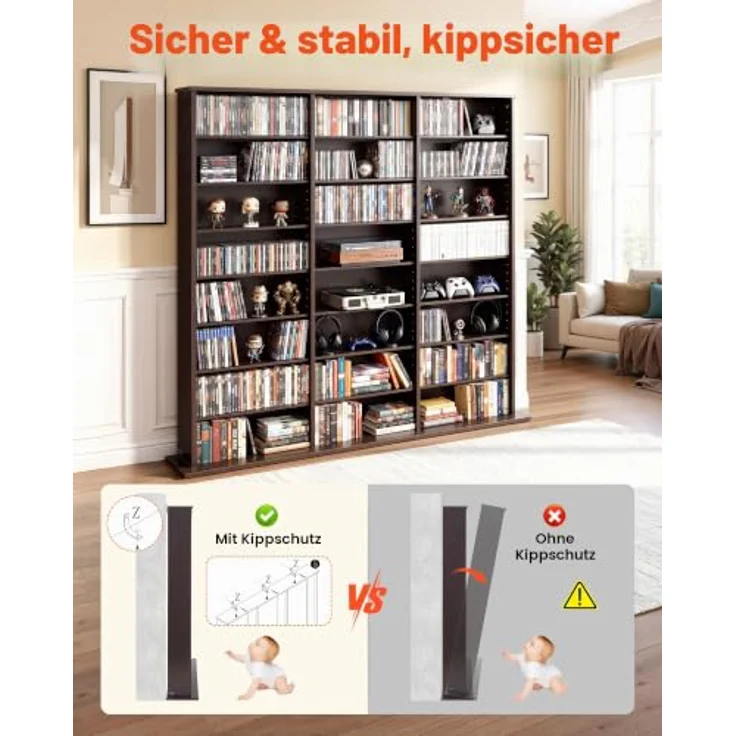 VEVOR DVD-Regal mit 24 Fächern (8 Ebenen), Medienregal Standregal 142 x 22 x 130 cm, Platzsparendes Aufbewahrungsregal für CDs DVDs Bücher Spiele-Discs, Bücherregal für Wohnzimmer/Homeoffice, Braun – Bild 6