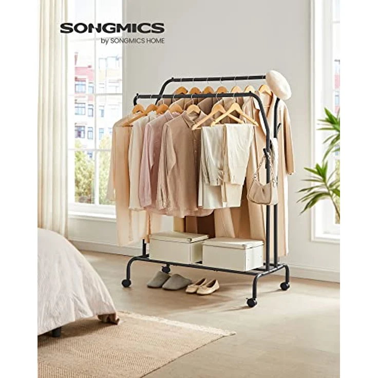 SONGMICS Kleiderständer auf Rollen, 2 Kleiderstangen, Garderobenstange, Garderobenständer aus Stahlrohren, bis 100 kg belastbar, 103,5 cm breit, multifunktionale Aufbewahrung, schwarz HSR107B01 – Bild 3