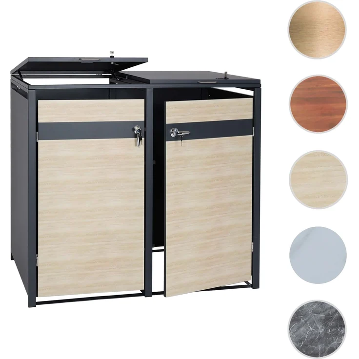 2er Mülltonnenverkleidung HWC-J82, Mülltonnenbox, erweiterbar, Metall 50kg, anthrazit ~ Buche-Holzoptik hellbraun – Bild 10