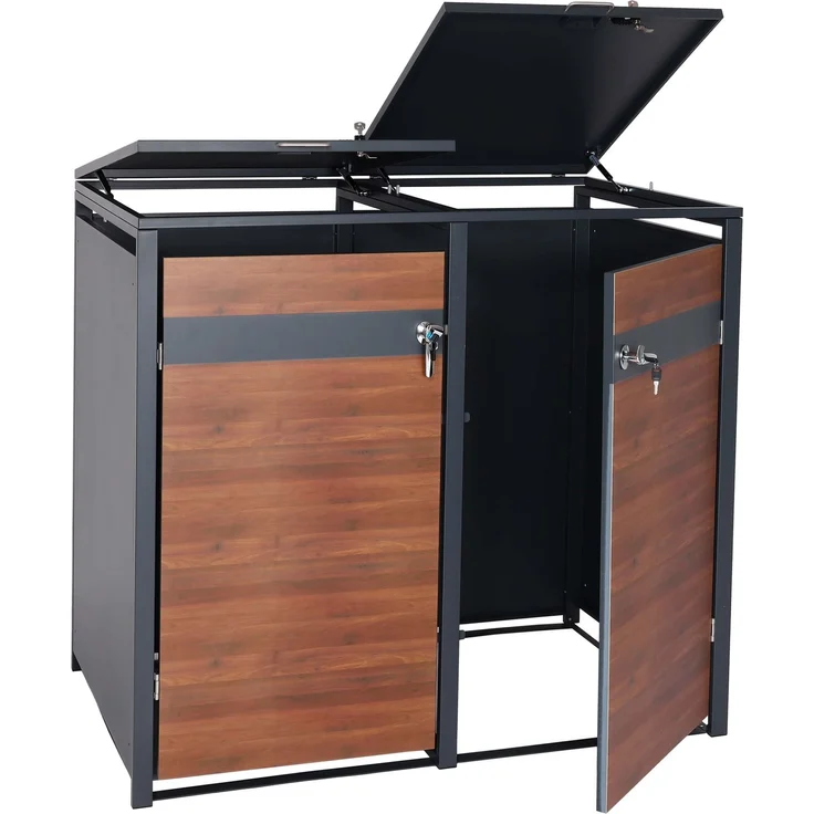 2er Mülltonnenverkleidung HWC-J82, Mülltonnenbox, erweiterbar, Metall 50kg, anthrazit ~ Kirsche-Holzoptik dunkelbraun – Bild 4