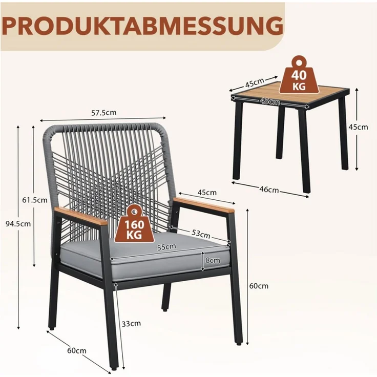 TLGREEN Gartenstuhl Eisen-Rattan Gartensessel,verbreiterter Sitz, (Balkonstühle Metall und Rattan, mit 8 cm dicken Sitzkissen, 3 St), 160 kg Belastbar für Terrasse, Garten und Veranda – Bild 3