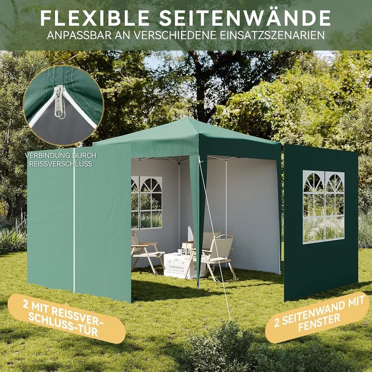 Aoxun Pop Up Pavillon 2x2m Wasserdicht mit 4 Seitenwänden, Metallrahmen-Schutzzelt, Höhe Verstellbar, Faltpavillon 2x2 mit Tragetasche für Camping Party, Grün – Bild 5