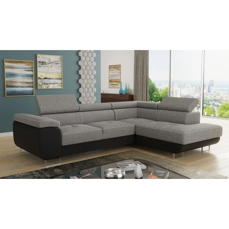 Ecksofa Caris mit Schlaffunktion, Bettkasten und einstellbare Kopfstützen (Schwarz + Grau (Soft 011 + Sawana 21), Ecksofa Rechts) – Bild 1