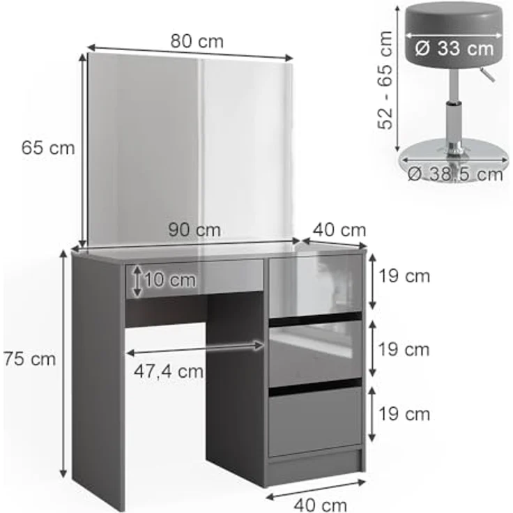 Vicco Schminktisch-Set Sherry, Grau, mit Spiegel und Hocker, 4 Fächer und 4 Schubladen, 90x75x40 cm, Holzwerkstoff – Bild 3