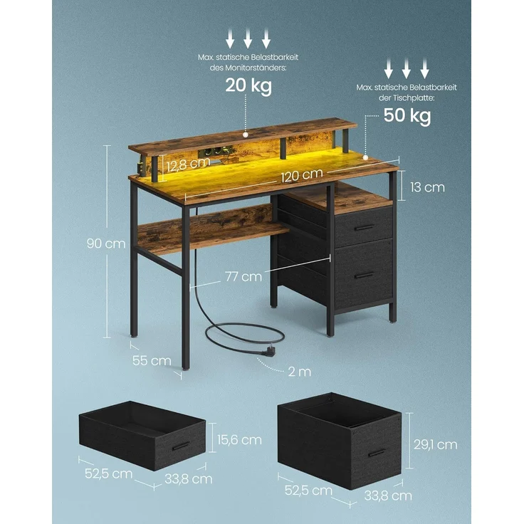 VASAGLE Schreibtisch mit Stoff-Schubladen, Computertisch mit Monitorständer, LED-Beleuchtung, 55 x 120 x 90 cm, eingebaute Steckdosen, 2 USB-A-Anschlüsse, für Homeoffice, vintagebraun LWD093K01 – Bild 6