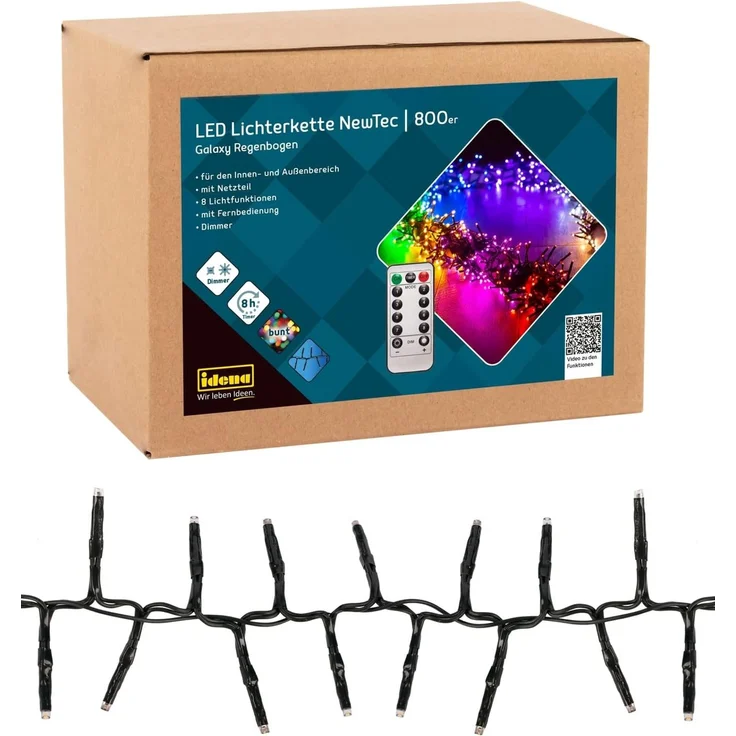 Idena 31109 - LED Lichterkette mit 800 LEDs in Bunt, für Außen & Innen, NewTec mit 8 Stunden Timer Funktion & Dimmer, inkl. Netzteil, ca. 17,8 m lang, Wohnzimmer, Partys, Weihnachten, Hochzeit – Bild 1
