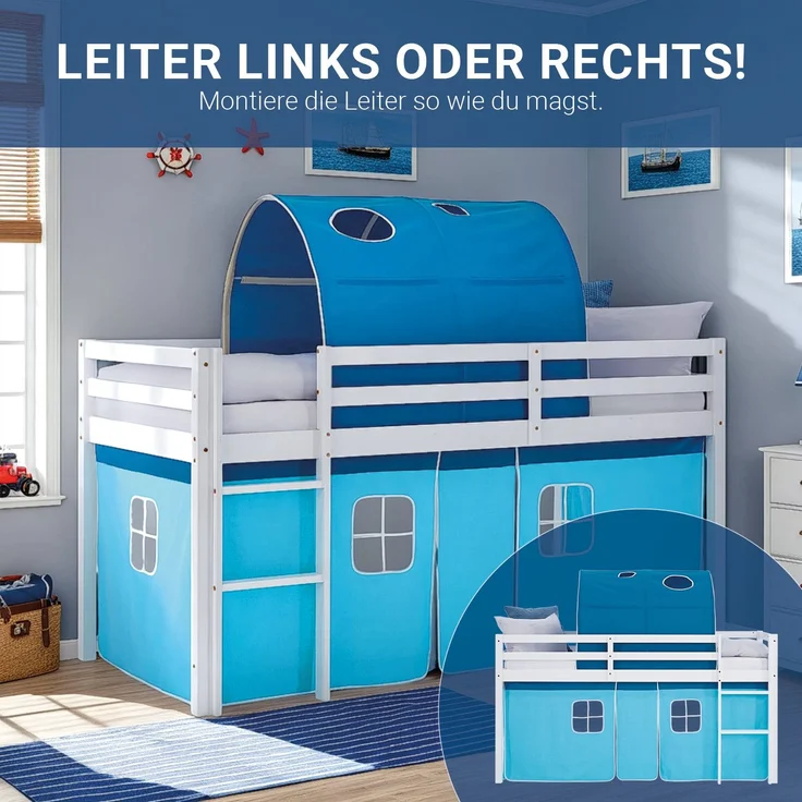 Hochbett Kinder 90x200 cm mit Lattenrost Kinderbett Kinderhochbett Stockbett Tunnel Vorhang Blau Holz Massiv – Bild 6