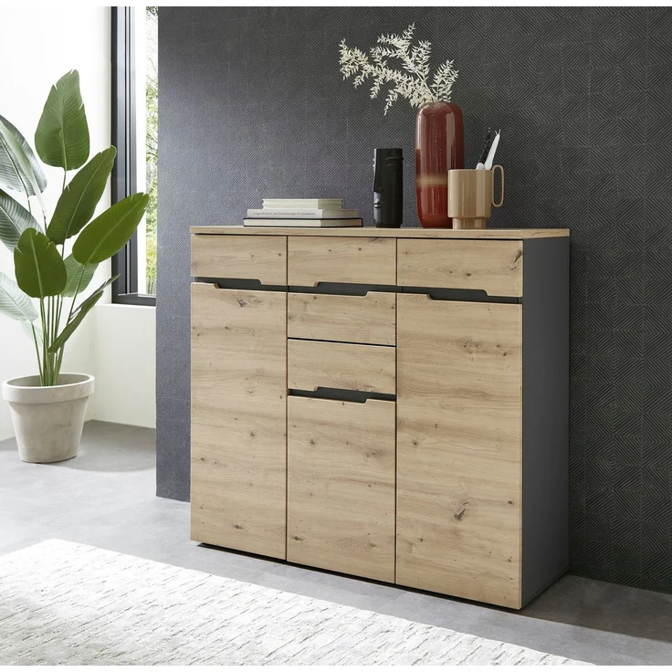 Kommode Melanie / Memphis, Holzwerkstoff, Grau, Holzfarben, 120 x 107 x 38 cm – Bild 1