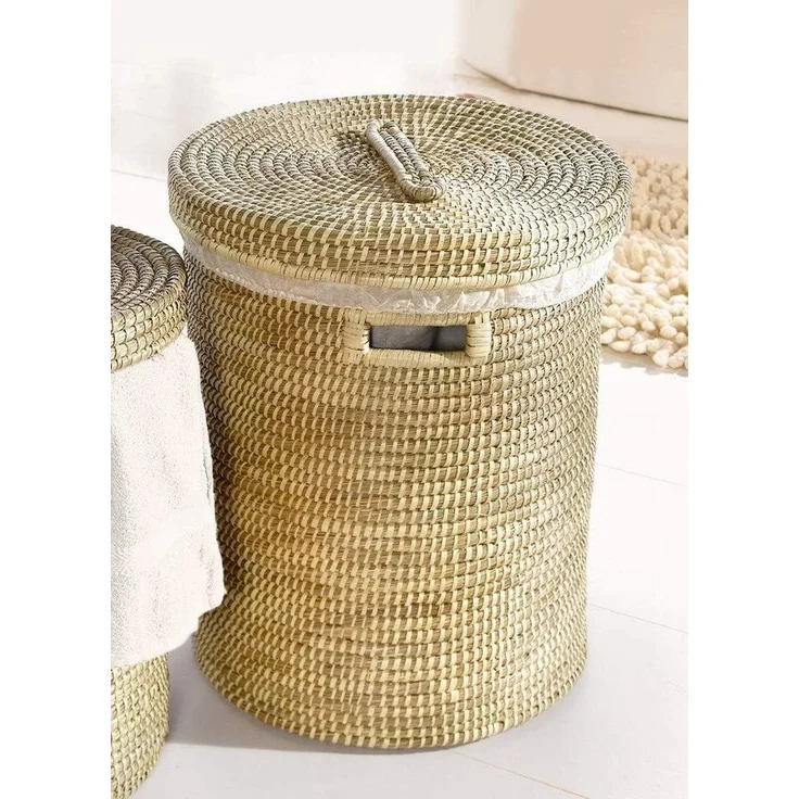 Wäschekorb aus Seegras mit Deckel, Ø 47x55 cm, Wäschesammler, Wäschetonne – Bild 1