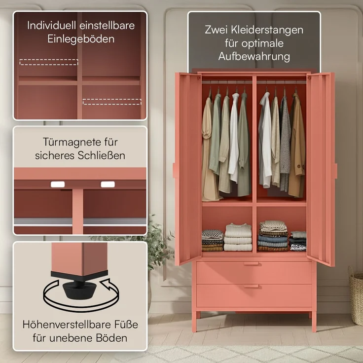skølm 'Ituri' Kleiderschrank mit 2 Schubladen, Metall, 170x45x80 cm, terrakotta, Garderobe mit 4 Fächern und 2 Kleiderstangen – Bild 3